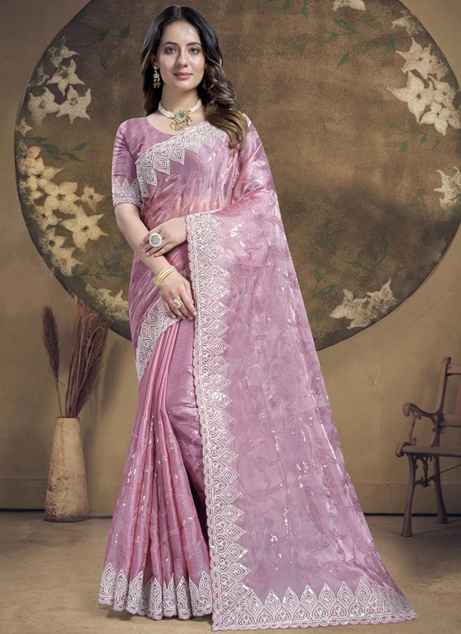 Jimmy Choo Silk Dusty Pink Party Wear Embroidery Work Saree